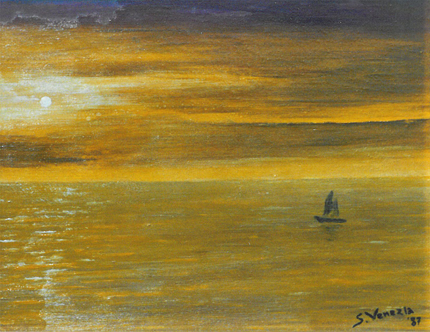 tramonto con barca - 1987 - 35x30 cm. - oil on panel