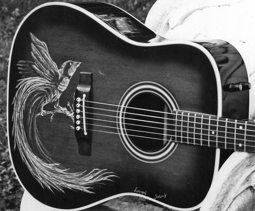 Eisvogel - 1991 - engraving on acoustic guitar. Photo: VOLTO