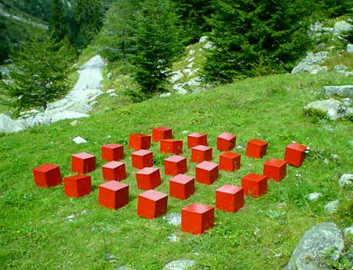 INNESTO, da ROSSOCUBO - Parco Alpi Marittime (CN) - azione 2002 - dimensioni variabili - 25 cubi 22x22x22 cm, lamiera, cartoncino, matita.